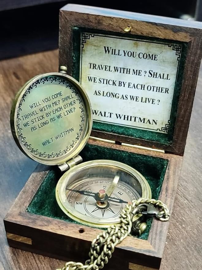Will You Come Travel With Me? Shall We Stick By Each Other As Long As We Live? Vintage Quote Brass Compass with Wooden Box Scripture-WALT WHITMAN, Gifts Idea, Girls/Boys, Lovers, Husband, Wife, Fiancé