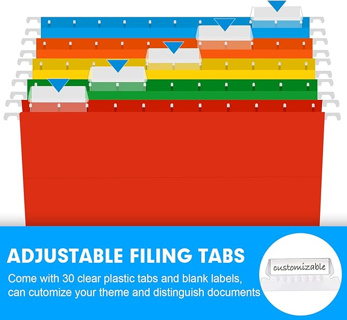 Extra Capacity Hanging File Folders, RAZCC 30 Pack Letter Size Reinforced Hanging Folders with Heavy Duty 3 Inch Expansion for Bulky Files, Filing Cabinet, Adjustable Tabs, Assorted Colors