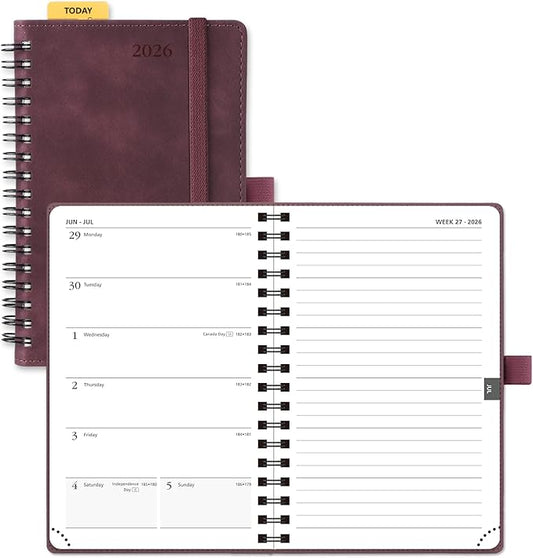 POPRUN 2026 Planner Weekly Notebook (Jan-Dec), Small Size 4''x 6.25'' - 2026 Pocket Calendar for Purse with Spiral Soft Cover, Plastic Ruler, Inner Pocket, 100 GSM - Claret
