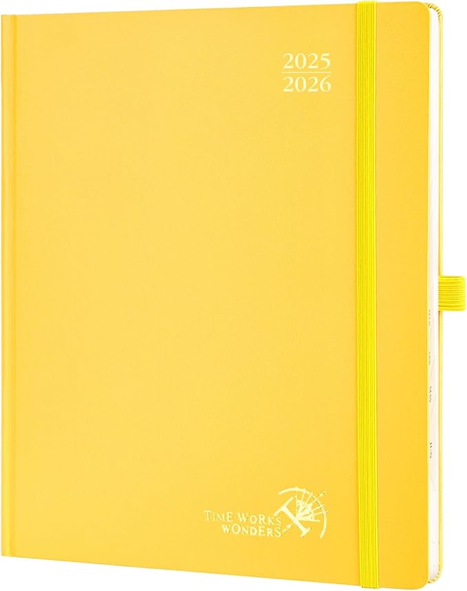 POPRUN Planner 2025-2026, (Large 8.5'' x 10.5'' Hard Cover) Academic Calendar (July 25-June 26) Daily Weekly and Monthly Appointment Book with Hourly Time Slots, Monthly Tabs, 100 GSM - Light Yellow