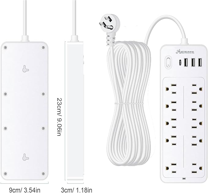 20FT Power Strips with Surge Protection 1625W/13A, 10 Outlets with 4 USB Ports (1 USB C) Long Extension Cord with Multiple Outlets 14-in-1 1700J 16Awg Flat Plug Power Strip Protector White ETL Listed
