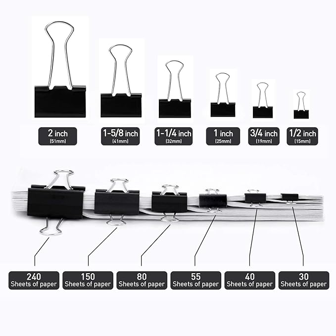 Medium Binder Clips, 48 Pack, 1-1/4 Inch, Black, Standard 32mm, Capacity 0.6 Inch, Metal Paper Clips, Office Clips, Fold Clamp, Office and School Supplies