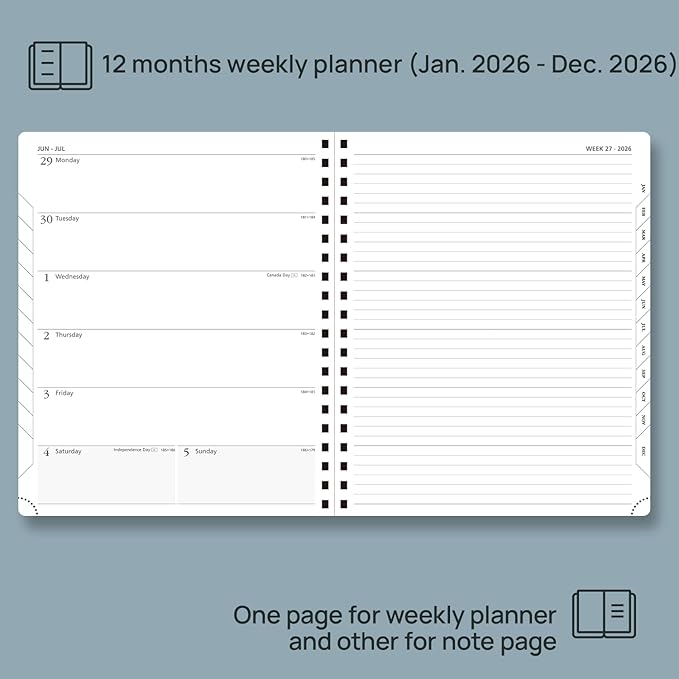 POPRUN 2026 Planner Weekly Notebook Calendar (Jan-Dec), Large Size 8.5'' x 10.5'' - Agenda 2026 Appointment Book with Monthly Tabs, Inner Pocket, Spiral Soft Cover, 100 GSM - Royal Blue