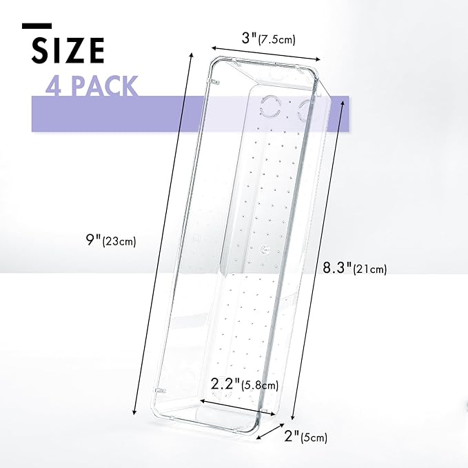 HOUSE DAY Desk Drawer Organizer Bins 4 PCS, 9*3*2" Clear Drawer Organizers with Silicone Pads, Vanity Organizers and Storage, Non Slip Plastic Drawer Organizer for Makeup, Bathroom, Kitchen, Office