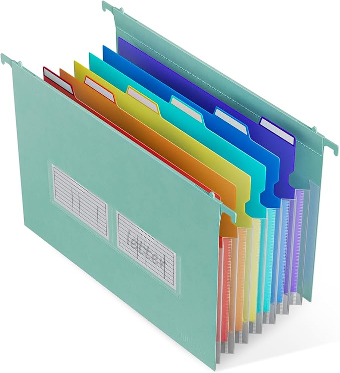 ThinkTex Plastic Expanding Hanging File Folders, 7 Innovative 1.2" Accordion Pockets, Large Capacity, Multi-Color Tabs, Letter Size for Filing Cabinet - Green