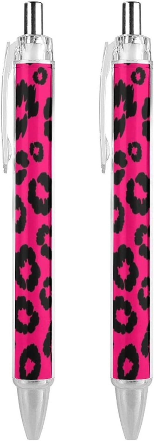 Womens Smooth Writing Pens, Cute Retractable Ballpoint Pens with Black Ink, Cheetah Pink Leopard Print Ball Point Pen Stationary for Teacher Writer, 0.5mm, 2 Pcs