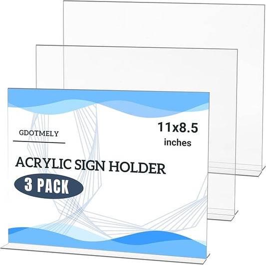 3 Pack Acrylic Sign Holder 8.5x11 Inches,Horizontal T Shape Clear Sign Holder,Double Sided Clear Frames,Plastic Paper Flyer Display Holders,Menu Table Stand for Office,Store,Restaurant