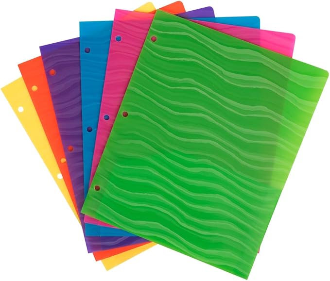 JAM PAPER Heavy Duty Plastic 3 Hole Punch Pocket Folders - Extra Tough School Folders - Assorted Wave Colors - 6/Pack
