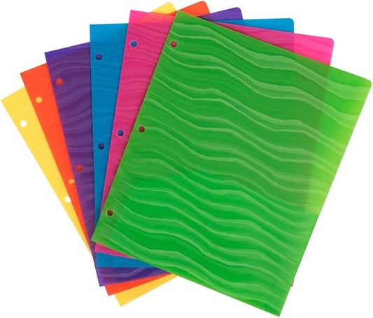 JAM PAPER Heavy Duty Plastic 3 Hole Punch Pocket Folders - Extra Tough School Folders - Assorted Wave Colors - 6/Pack