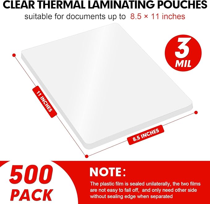 Laminating Sheets, 500 Pack Clear Thermal Laminating Plastic Paper Laminator Sheets, 9 x 11.5-Inch, 3mil, Ideal Office or School Supplies