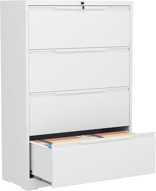 4 Drawer Lateral File Cabinets with Lock,Metal Filing Cabinet for Home Office,Wide Office Storage Cabinet with Hanging Bars for A4 Legal/Letter Size(White-Easy Assembly)