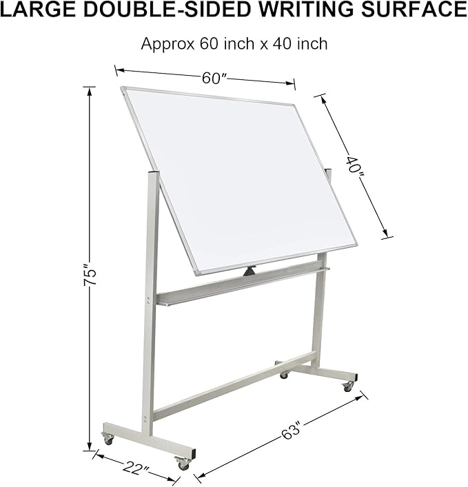 60"x40" Mobile Whiteboard Double-Sided Magnetic Large Dry Erase White Board with Rolling Stand for Offices, Home & School