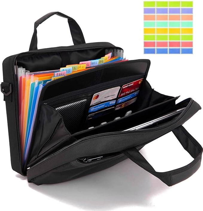 BARDOLPH Accordian File Folder with Handle, 12 Pocket Expanding Folder with Zipper, Heavy Duty Accordian Organizer (Black)