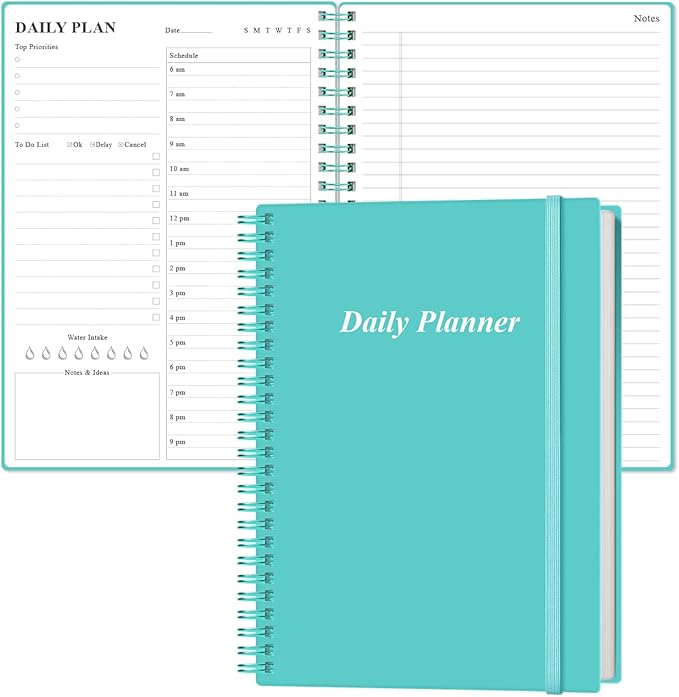 Daily Planner Undated - B5 To Do List Notebook Hourly Schedules, Spiral Appointment Planner for Women and Men, PVC Hardcover, Inner Pocket, Elastic Closure, 7" x 10", Teal