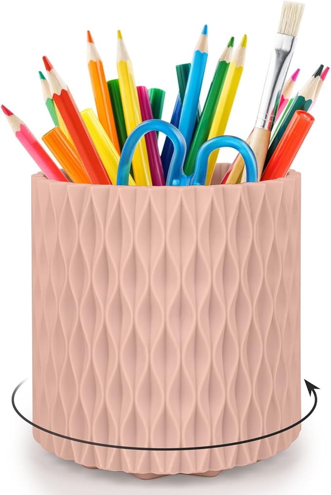 Pink Pen Holder for Desk, 360 Degree Rotating Desk Organizer with 5 Compartments, Pen Pencil Makeup Brush Holder, Cosmetics Lipsticks Pen Organizer for Home Office School