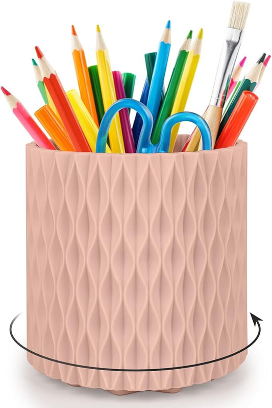 Pink Pen Holder for Desk, 360 Degree Rotating Desk Organizer with 5 Compartments, Pen Pencil Makeup Brush Holder, Cosmetics Lipsticks Pen Organizer for Home Office School