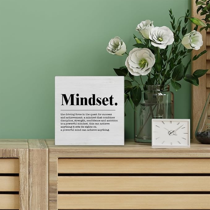 Inspirational Sign Mindset Definition Wooden Sign Home Office Decor 5 X 5 Inches Motivational Mindset Wood Block Signs for Desk Shelf Table