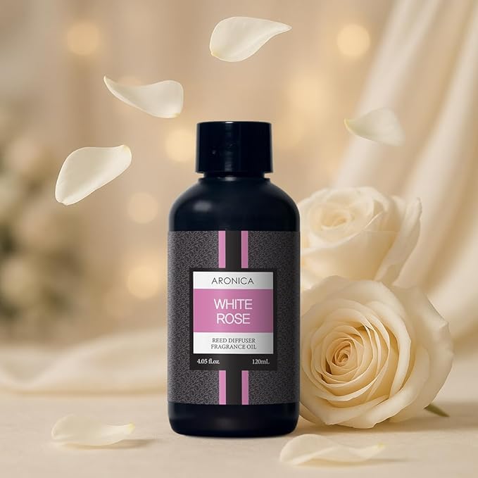 Aronica Reed Diffuser Refill 120ml - White Rose, Home Fragrance Flower Diffuser Oil Sticks, Bulgaria Rose Scent Aromatherapy, Aroma Liquid Bottle for House Hallway Diffuser Set