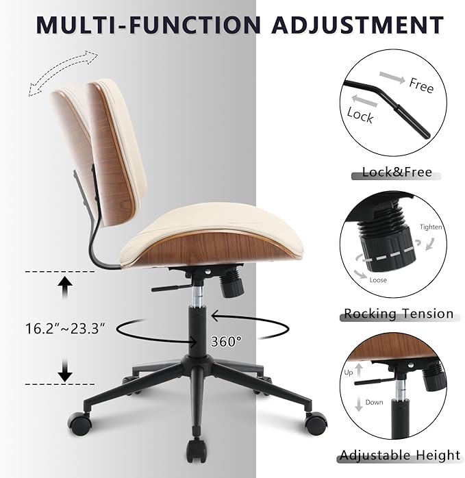 Home Office Chair No Arms with Wheels, Adjustable Height Small Desk Chair, PU Leather Mid Back 360 Swivel Computer Chair, Armless Modern Walnut Chair for Office, Reading Meeting Room(Beige)