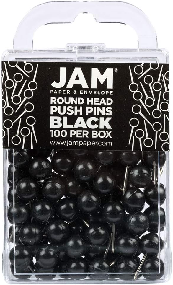 JAM PAPER Colorful Push Pins - Round Head Map Thumb Tacks - Black Pushpins - 100/Pack