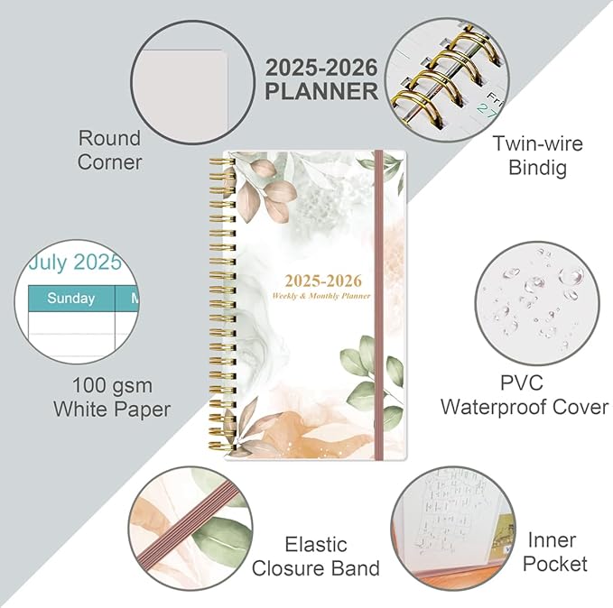 2026 Pocket Planner/Calendar - 2026 Planner from January 2026 - December 2026, Planner 2026 with 12 Tabs, Twin-Wire Binding, Inner Pocket, 3.75" x 6.75, Rose Leaf