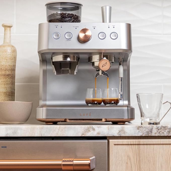 Café Bellissimo Semi Automatic Espresso Machine + Milk Frother | WiFi Connected, Smart Kitchen Essentials | Built-In Bean Grinder, 15-Bar Pump & 95-Ounce Water Reservoir | Steel Silver