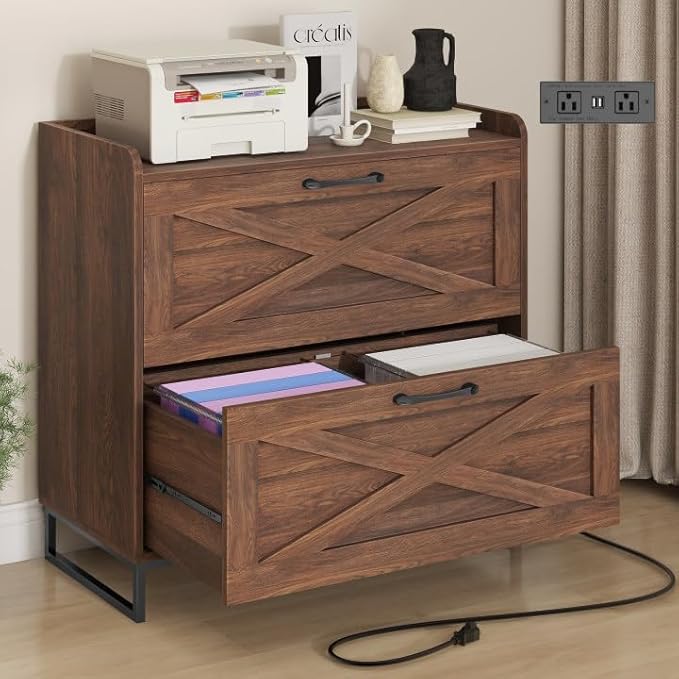 File Cabinet 2 Drawers Lateral File Cabinet with Charging Station for Letter/Legal/A4 Size Hanging Files, Large Wood File Storage Cabinets Printer Stand for Home Office, Dark Walnut