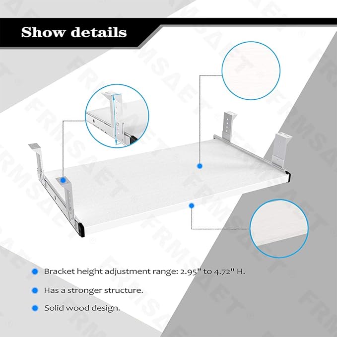 FRMSAET Furniture Accessories Office Product Suits Hardware 20/24/30 inches Keyboard Drawer Tray Wood Holder Under Desk Adjustable Height Platform(24 inches,White)