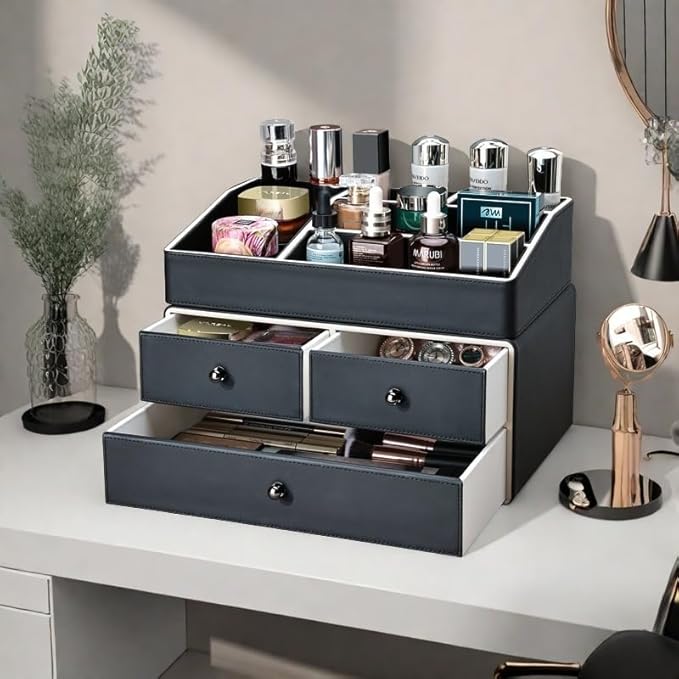 KINGFOM 2 Tier PU Leather Makeup Organizer with 3 Drawers, Cosmetic Storage Organizers for vanity Dresser Countertop and Bathroom Vanity, Beauty Holder for Lipstick Brush Skincare (Black)