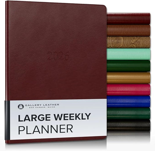 Gallery Leather Large Weekly Monthly Planner 2025-2026, Elegantly Bound Calendar Planner and Notebook with Stylish Gold-Gilded Page Edges, 12 Months - Tremont Garnet - 9.75 x 7.5 "