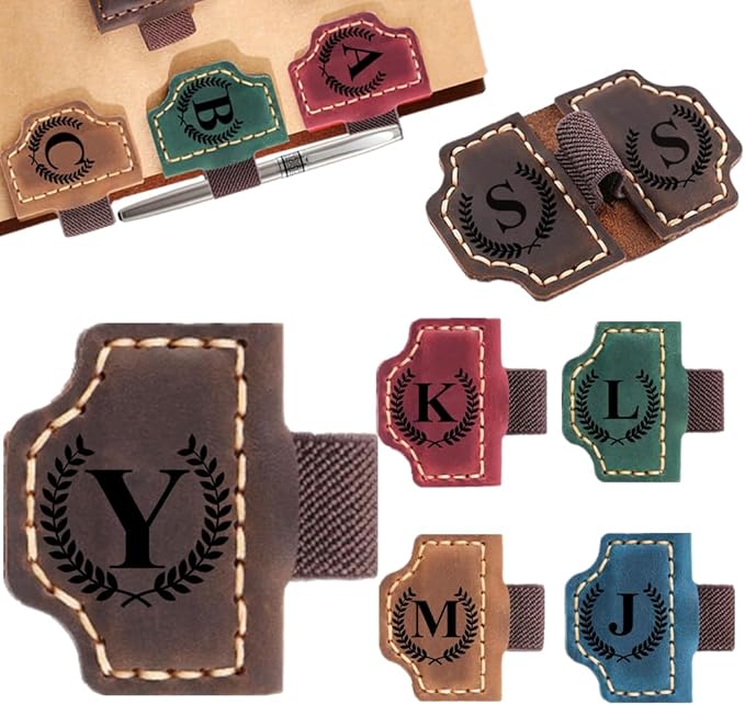 Custom Bookmark with Pen Holder with 26 Letters Personalized Magnetic Leather Book Mark, Customized Name Book Marker Clip with Initial for Men Women, Gifts for Book Lovers, Readers, (Coffee, Y)
