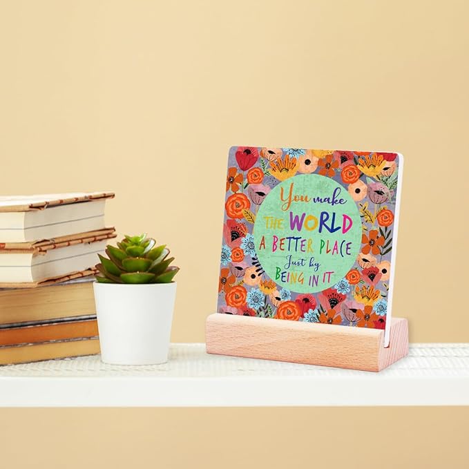 Inspirational Gifts for Teen Girls Women Birthday Christmas-Encouragement Gift Cheer Up Gifts for Friends-Motivational Sign Ceramic Plaque Desk Decor-You Make the World Sign