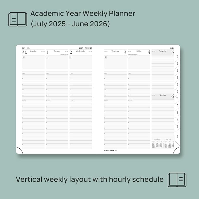 POPRUN Planner 2025-2026, (Medium 6.5'' x 8.5'' Hard Cover) Academic Calendar (July 25-June 26) Daily Weekly and Monthly Appointment Book with Hourly Time Slots, Monthly Tabs, 100 GSM - Haze Blue