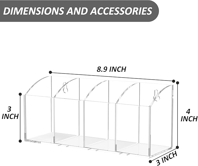 Acrylic Pen Holder 4 Compartments, Clear Pen Organizer Makeup Brush Holder, No Drill Wall Mounting Pencil Holder Office Accessories