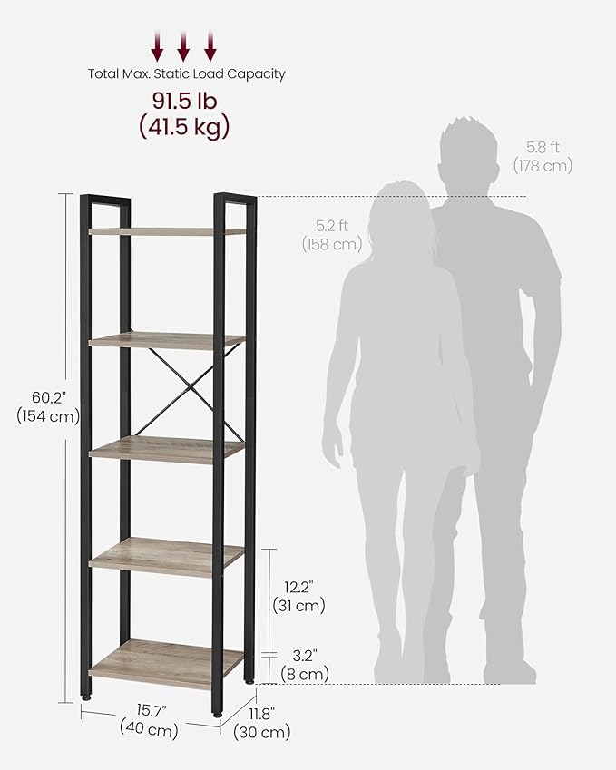 VASAGLE 5-Tier Bookshelf, Bookcase with Steel Frame, Book Shelf for Living Room, Home Office, Study, 11.8 x 15.7 x 60.2 Inches, Industrial Style, Heather Greige and Ink Black ULLS100B02