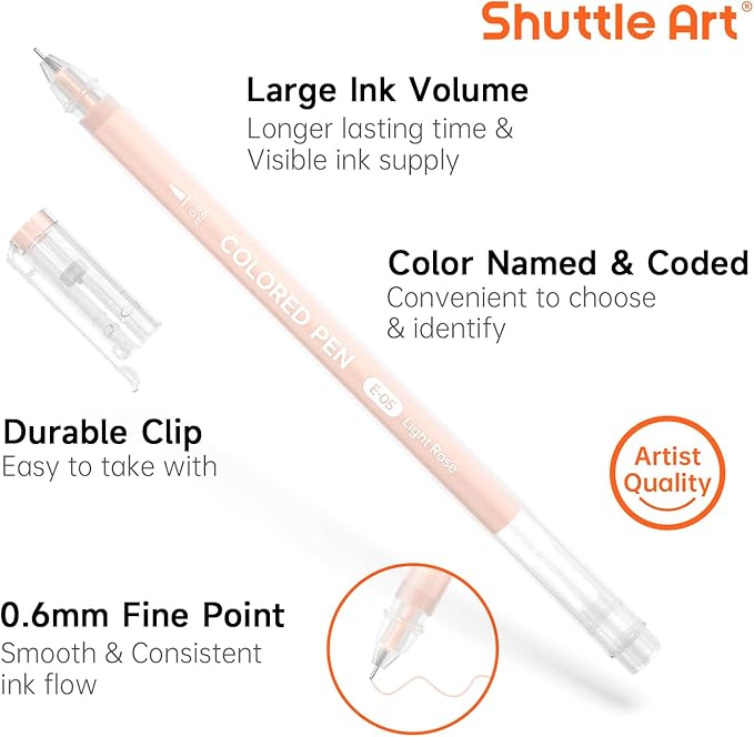 Shuttle Art Colored Pens, 24 Skin Tone Colors Cute Journal Pens 0.6mm Fine Point Colored Gel Pens for Black Paper Adult Coloring Writing Drawing Journaling Note Taking School Office Home