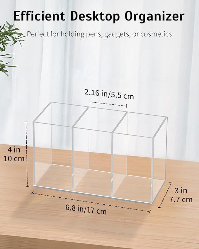 Uniclife Clear Acrylic Pen Holder for Desk, Plastic Pencil Holder Pen Organizer with 3 Compartments, Desktop Stationery Organizer for Office Home School, Vertical Makeup Brush Holder, 6.8" x 3" x 4"