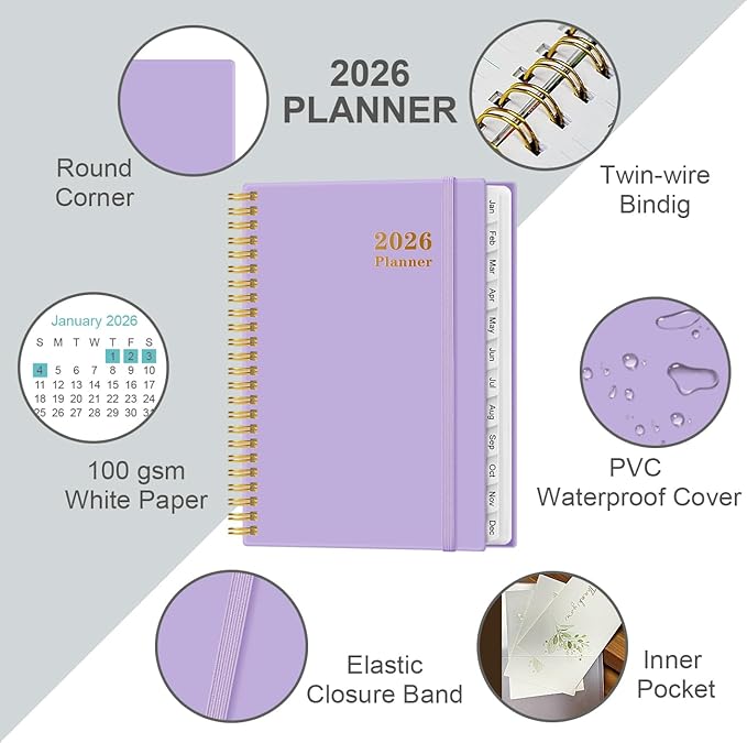 2026 Planner - Weekly and Monthly Calendar Planner from Jan 2026 - Dec 2026, Planner 2026 Spiral Bound with 12 Monthly Tabs, Inner Pocket, Perfect for School Office Supplies, 6.4" x 8.5", Purple