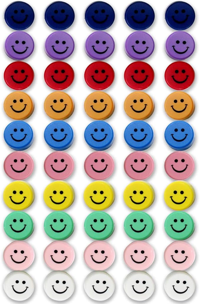 Qualsen Fridge Magnets, 50pcs Smiley Face Magnets, Small Magnet for Whiteboard, Mini Cute Magnet for Fridge, Locker, White Board, Kitchen, Office, Classroom (10 Colors Smile)