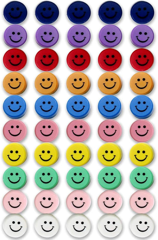 Qualsen Fridge Magnets, 50pcs Smiley Face Magnets, Small Magnet for Whiteboard, Mini Cute Magnet for Fridge, Locker, White Board, Kitchen, Office, Classroom (10 Colors Smile)