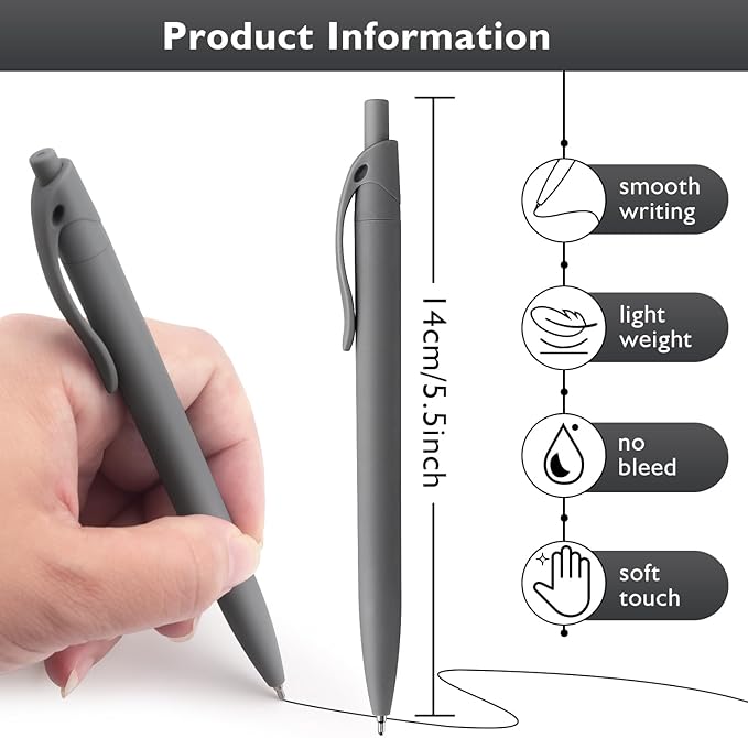 Bribobo 8 Pack Ballpoint Pens Retractable No Bleed Black Click Pens, Pens Medium Point, Smooth Ink Pens, 1.0MM Black Ink, Grey