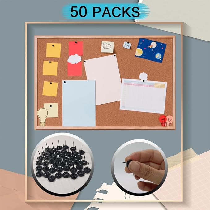 50 Pcs Push Pins for Bulletin Board, Metal Black Thumb Tacks for Picture Photo Hanging, Small Nails Flat Thumbtacks for Drywall Cork Board , Wall Tack Pins for Shadow Box Office Home Decorative