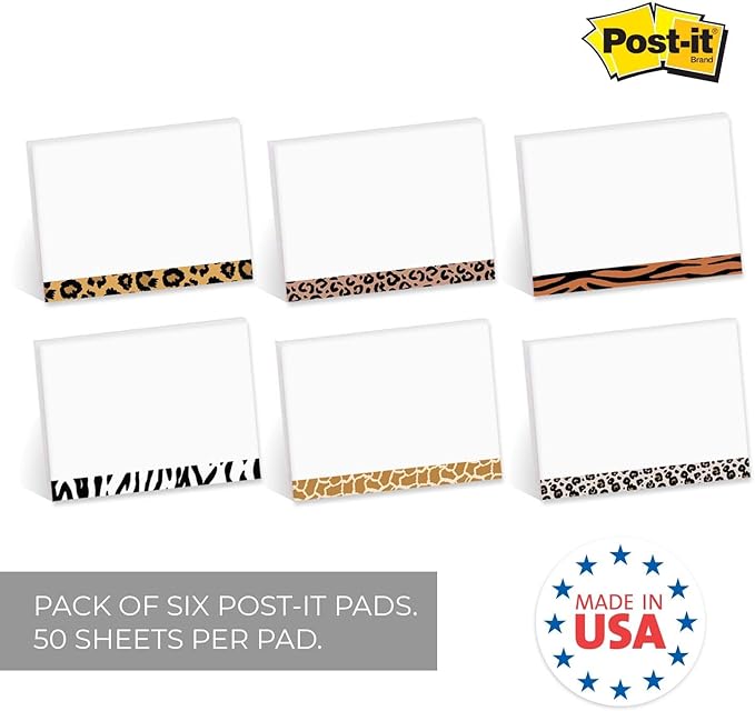 Modern Animal Print Sticky Notes / 4" x 3" Repositionable Sticky Note Pads/Six Unique Pattern Designs/Made in The USA