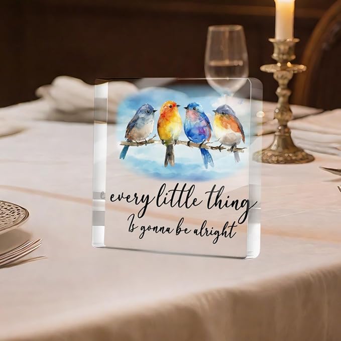 Inspirational Gifts for Women Men Friends, Cute Watercolor Bird Decor Acrylic Sign- Every Little Thing Is Gonna Be Alright, Uplifting Gifts, Positive Quotes Desk Decorative Signs for Home