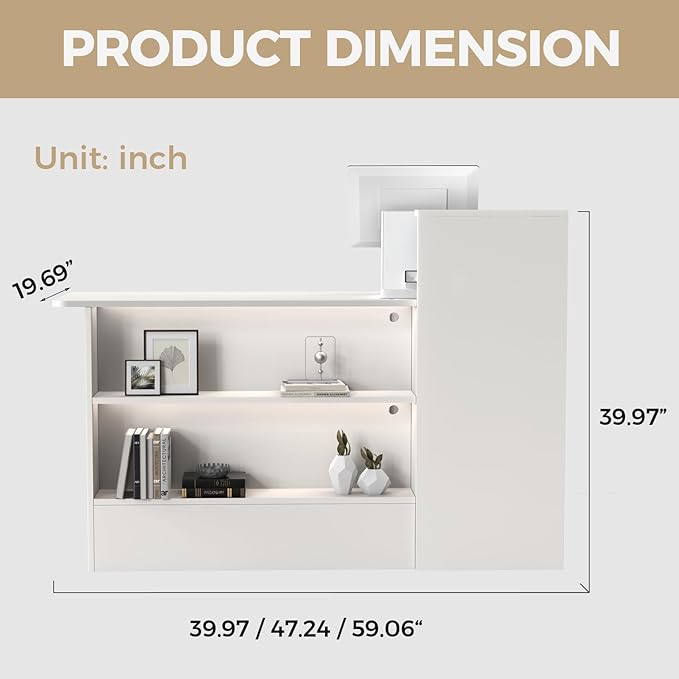 Modern Reception Desk with LED Lights - 59" Front Desk Reception Counter with Dual Display Shelves & Hidden Cable Management, Lockable Drawer & Storage Cabinet for Office, Salon, Spa, Retail, Left
