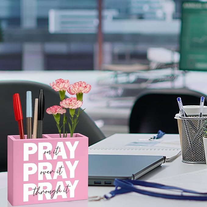 Pink Office Desk Decor Inspirational Christian Gifts for Women Men HR Manager Coworker Friend Employee Wooden Pencil Holder Boss Day Gifts Pray on it Wooden Sign Bible Verse Office Desk Decor