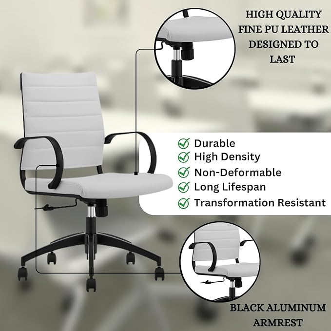 Ribbed Mid Back Conference Room Chairs - Lumbar Support, Modern Executive Home Office Chair - White Leather Seat & Black Aluminum Frame
