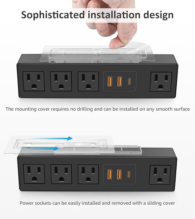 Under Desk Power Strip with 3M Adhesive, Removable Under Desktop Mount Plug with 30W Fast Charging USB C and USB A Ports, 4 Outlet Under Table Surge Protector 1200J, 10FT Extension Cord. (Black)