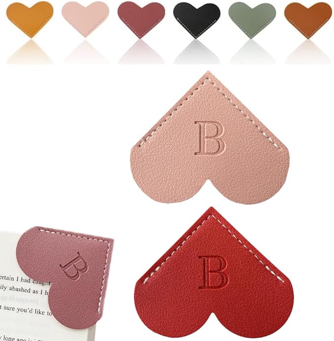 Personalized Leather Heart Bookmark, 26 Letters Customized Corner Book Mark for Reading Women, Book Marker with Initials，Cute Gifts (Red+Light Pink, B)