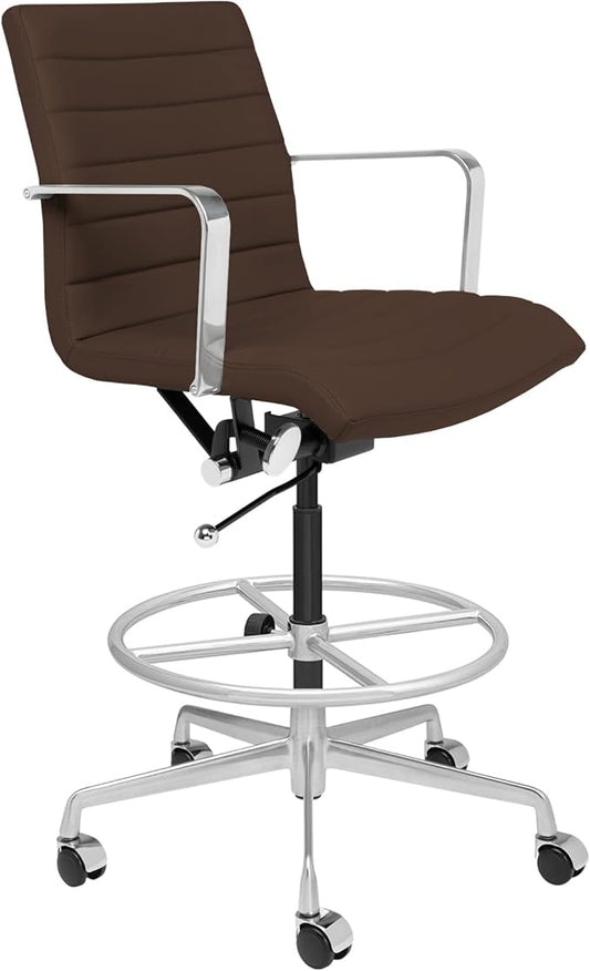 Laura Davidson Furniture SOHO II Ribbed Drafting Chair for Standing Desks, Standing Desk Chair - Ergonomically Designed, Draft Height, Arm Rest & Cushion, Made of Faux Leather, Dark Brown